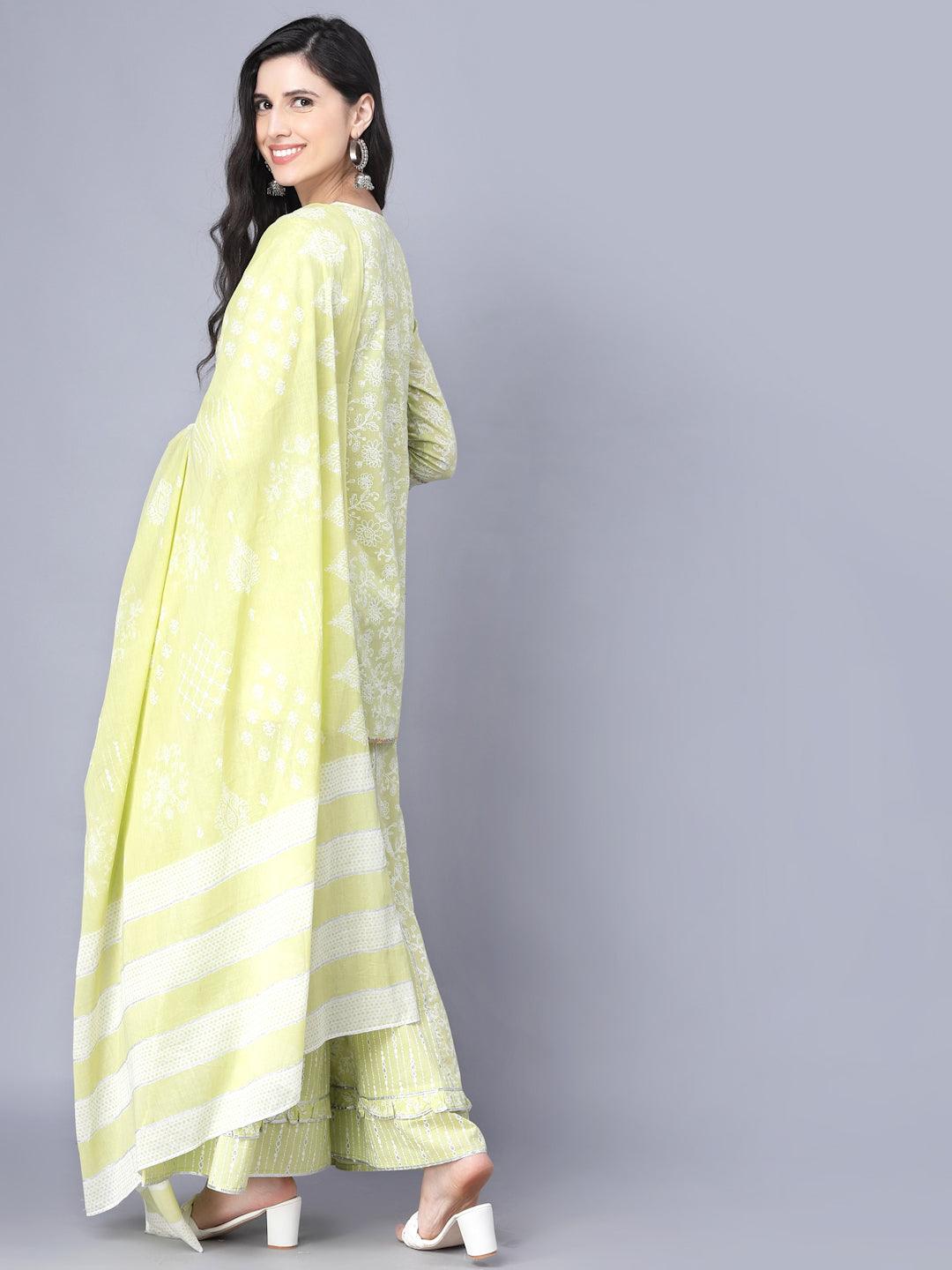 Women's Cotton Printed 3/4 Sleeve Round Green Women Sharara Set - Myshka - Indiakreations