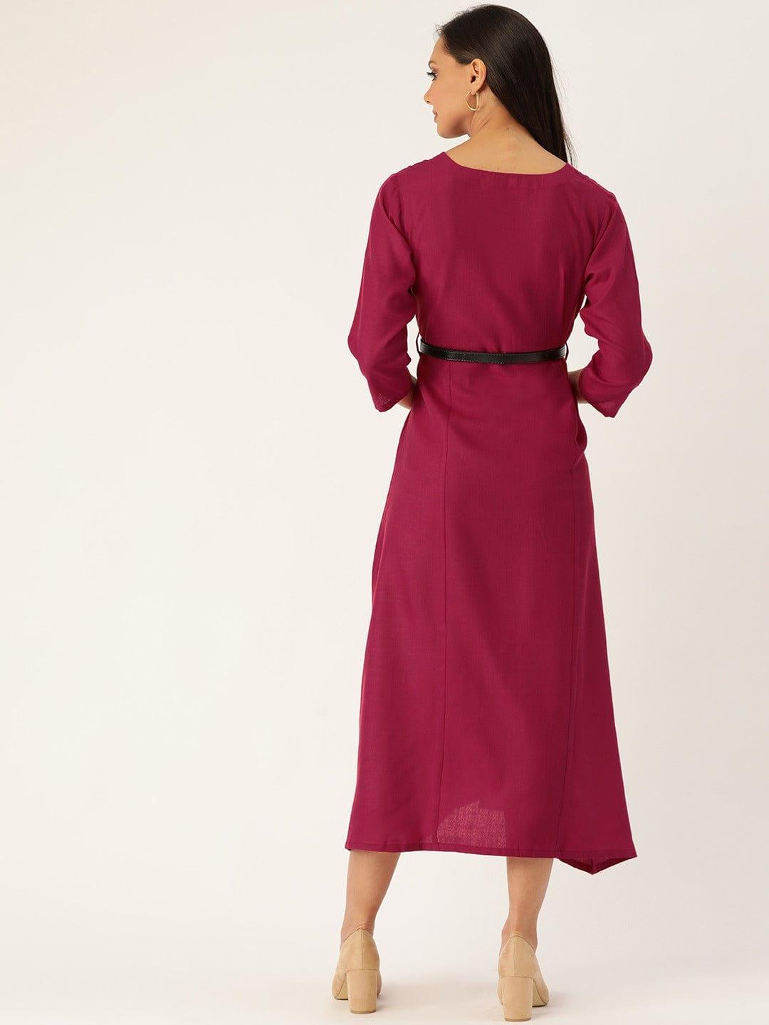 Magenta Embroidered Detail A-Line Dress - Indiakreations