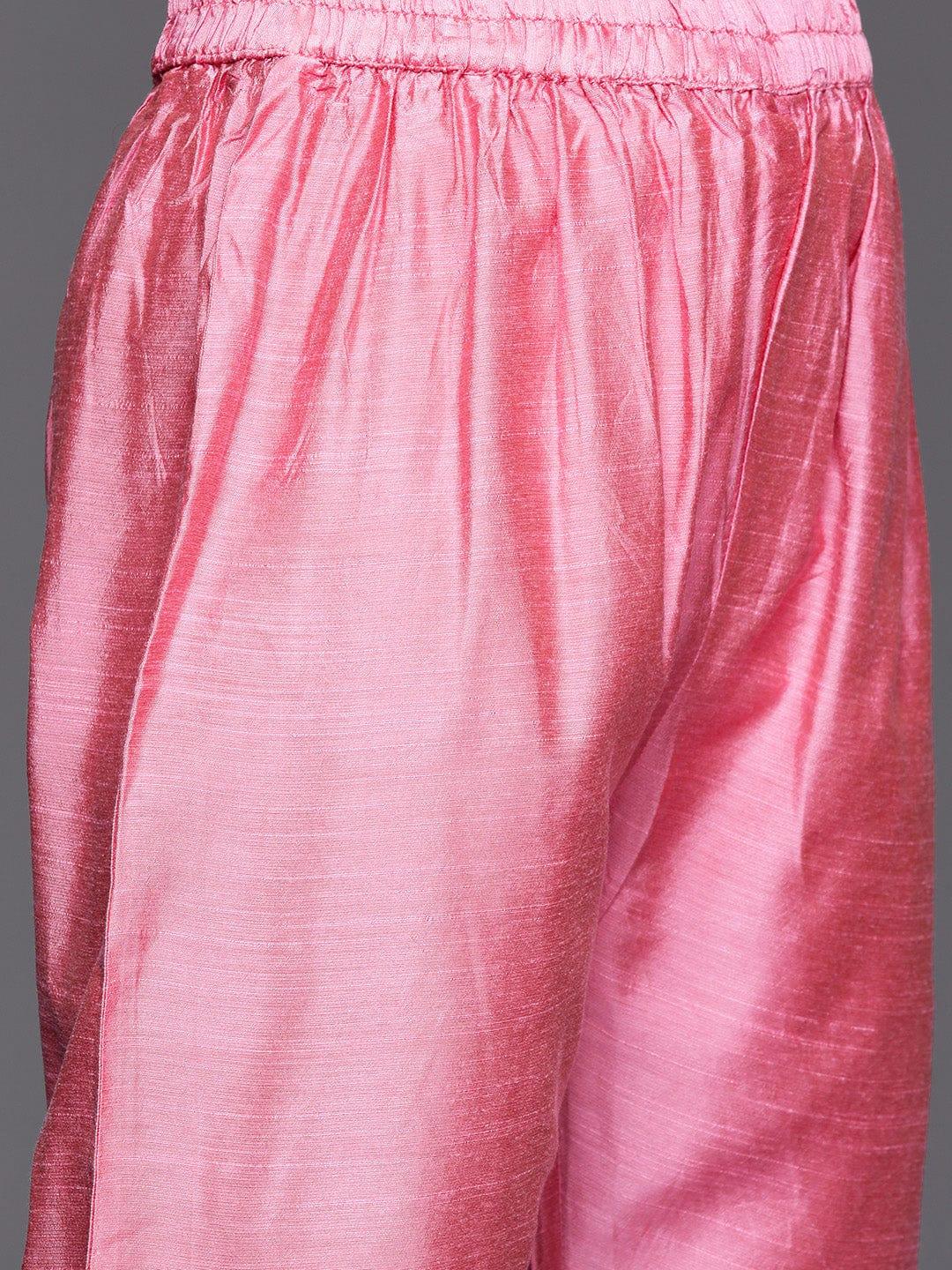 Varanga Women Pink Ethnic Motifs Embroidered Sequinned Dupion Silk Kurta with Trousers & With Dupatta - Indiakreations