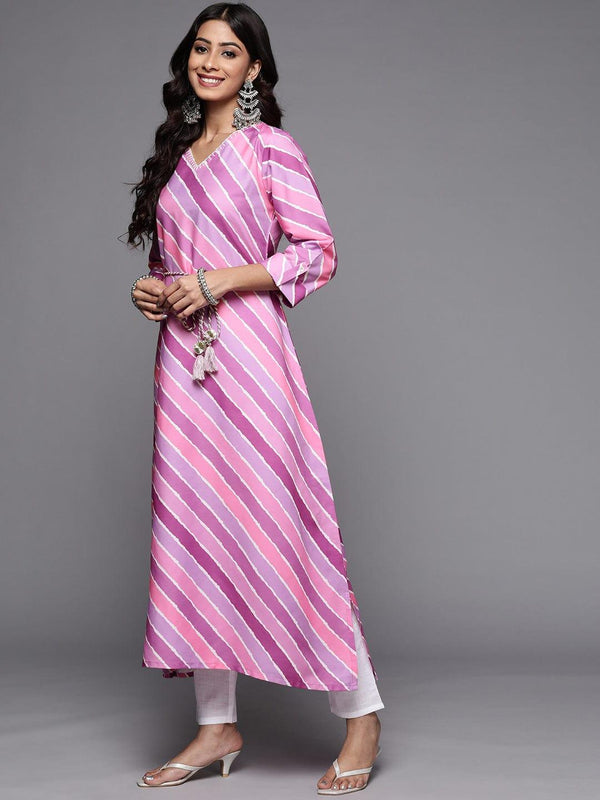 Varanga Women Pink & Purple Striped Thread Work Kurta - Indiakreations