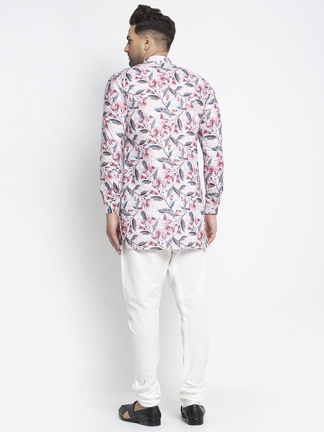 Men's White & Pink Printed Short Kurta With White Pyjama - Benstoke - Indiakreations