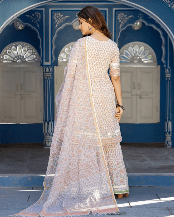 Women's Orange Motif Block Printed White Kurta Sharara Set Paired With Kota Doria Dupatta - Pheeta - Indiakreations