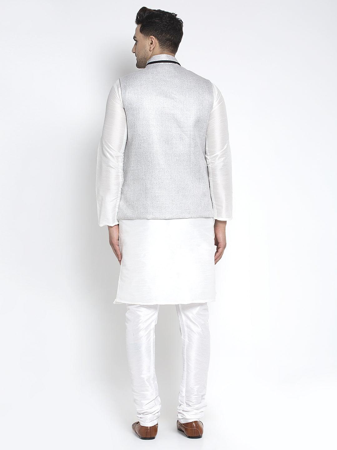 Men's Silk Blend White Kurta With Pyjama & Grey Nehru Jacket - Benstoke - Indiakreations