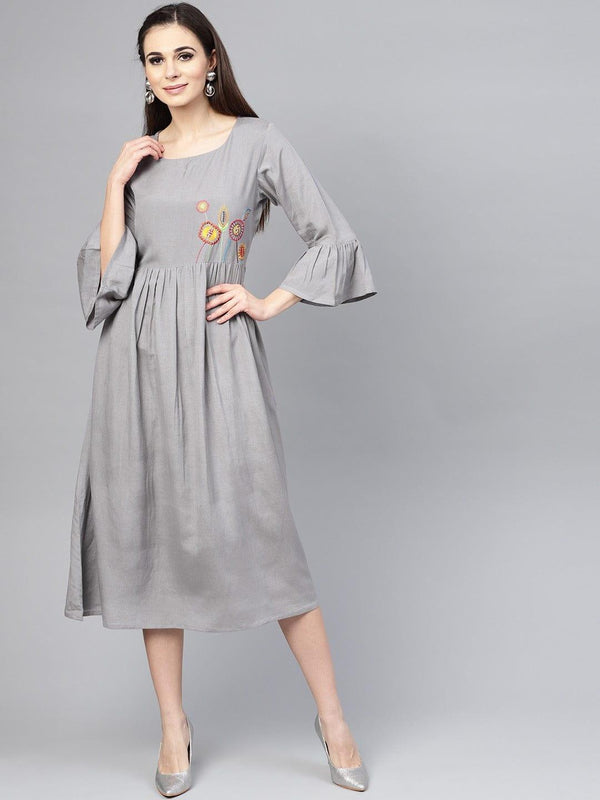 Grey Solid Fit and Flare Dress - Indiakreations