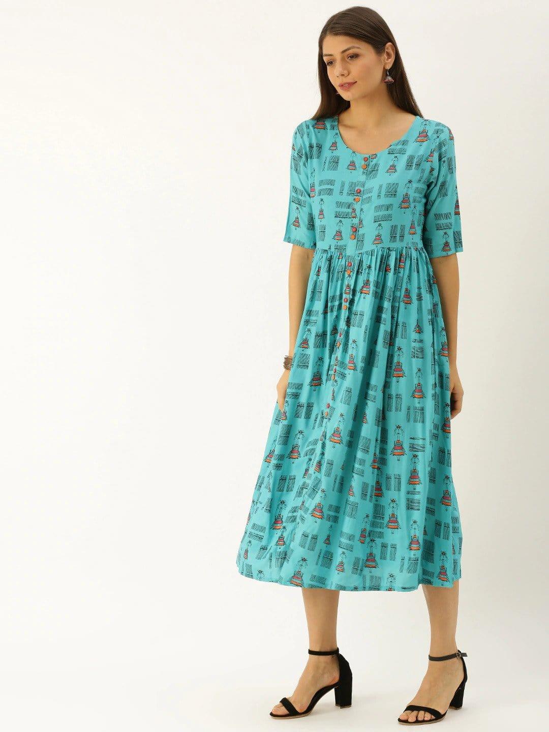 Turquoise Blue & Black Printed A-Line Dress with Gathered Detail - Indiakreations