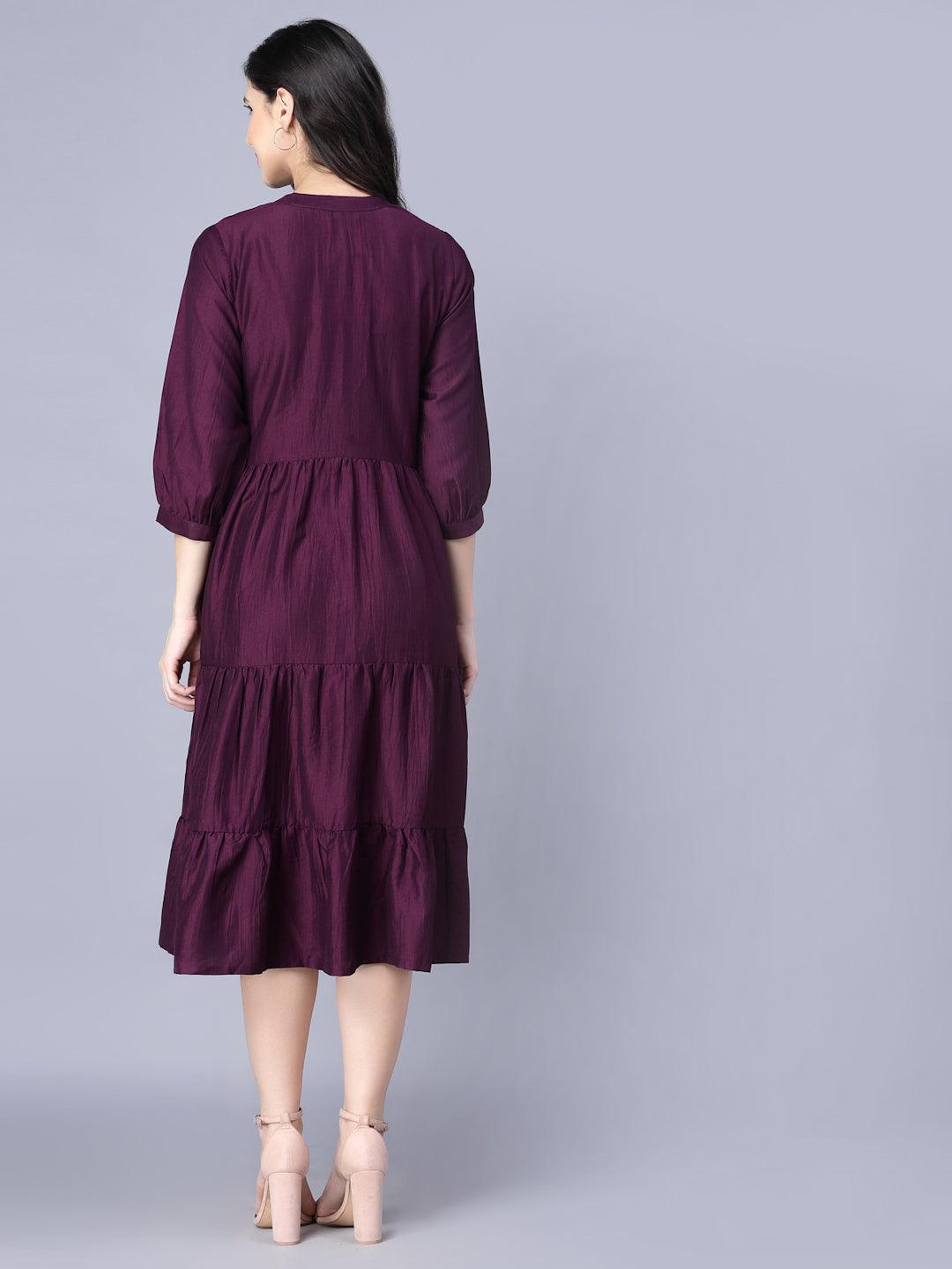 Women's Silk Solid 3/4 Sleeve V Neck Purple Women Dress - Myshka - Indiakreations