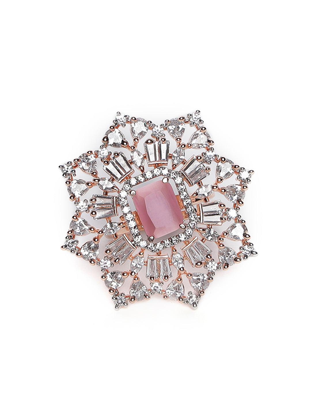 Women's Rose Gold-Plated Pink Ruby & White AD-Studded Handcrafted Adjustable Finger Ring - Jazz and Sizzle - Indiakreations