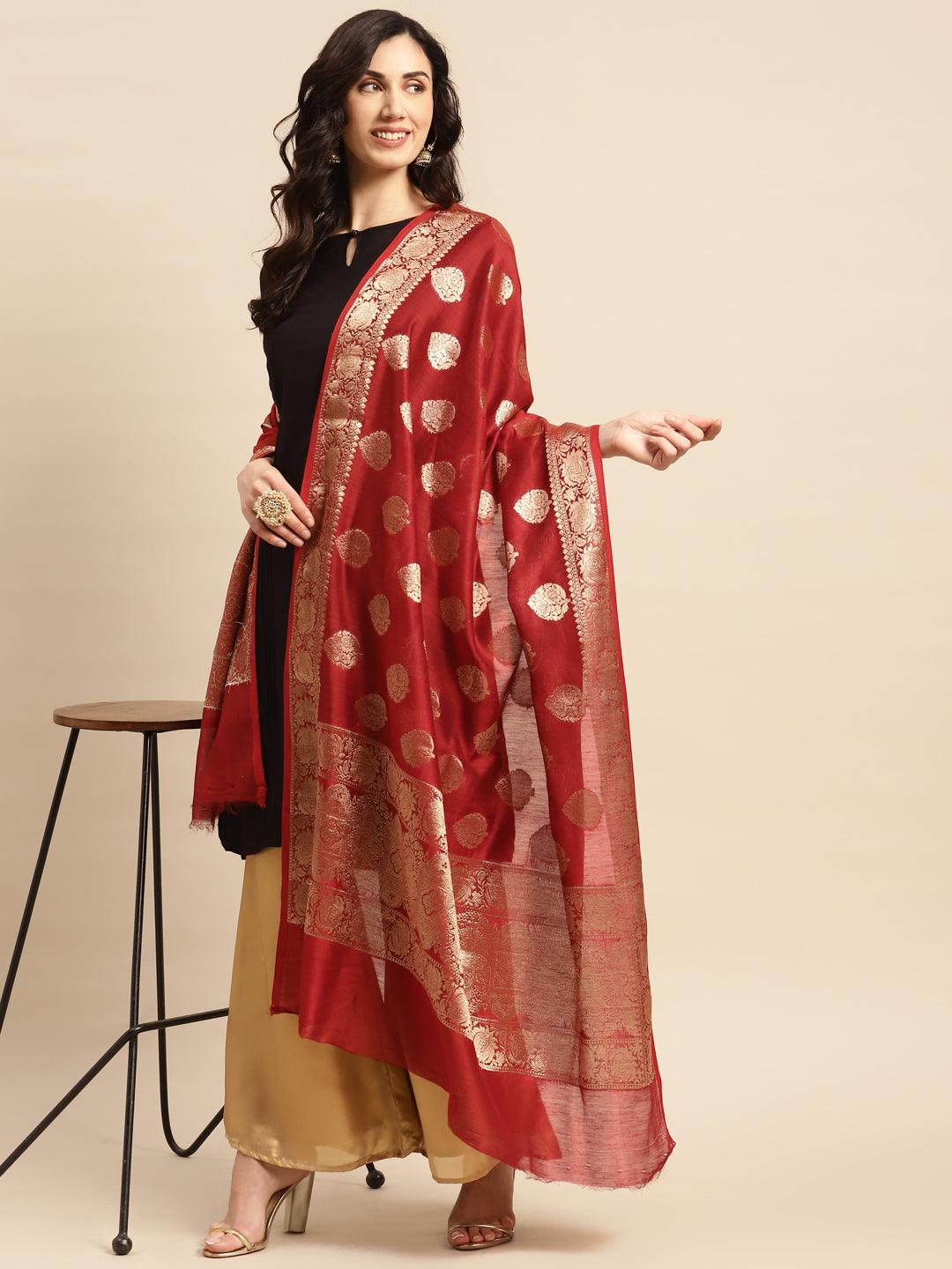 Women's Red Color Ethnic Motifs Woven Design Dupatta With Zari - Varanasi - Indiakreations