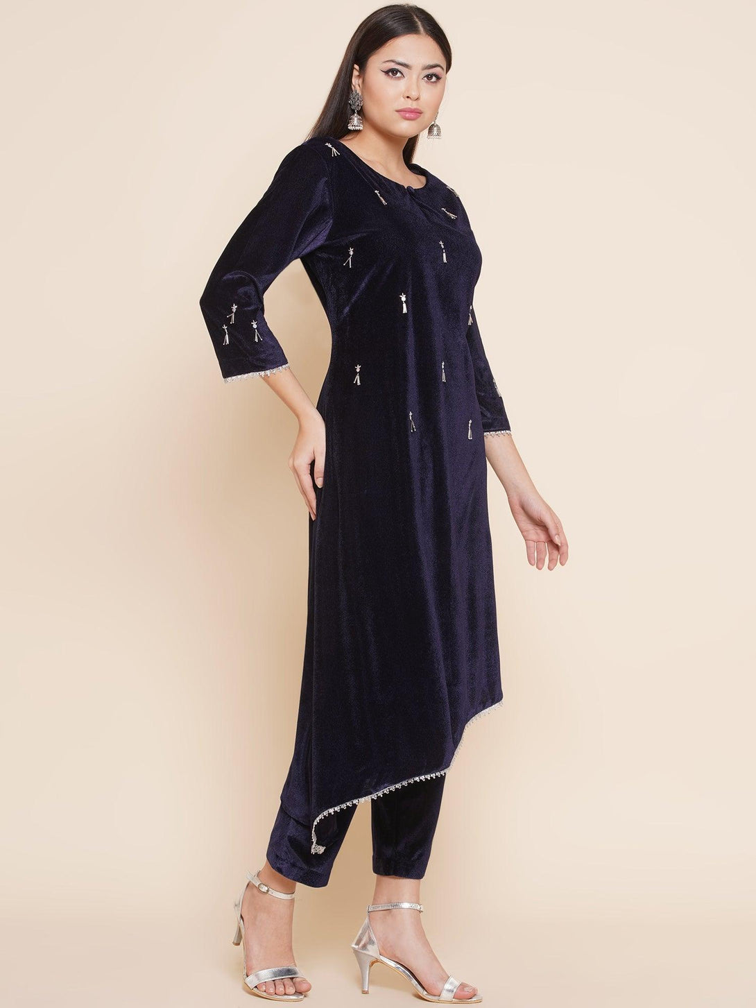 Women's Navy Blue Velvet Assymetrical Hand Embellished Kurta With Pants - Women Republic - Indiakreations