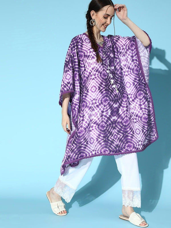 Purple And White Tie And Dye Lace Embellished Kaftan With Organza Embroidery Trouser - Indiakreations