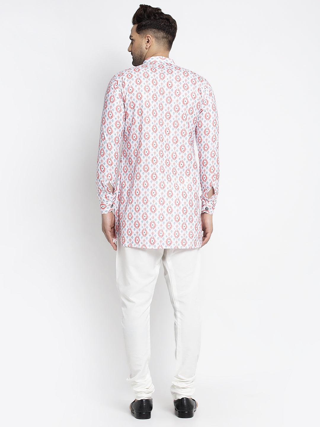 Men's White & Peach Printed Short Kurta With White Pyjama - Benstoke - Indiakreations