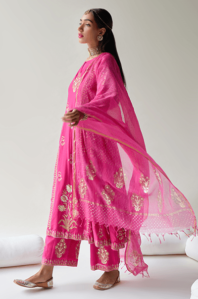 Chaand Rani Foil Rani pink Anarkali with palazzo and Dupatta - Set of 3 - Indiakreations