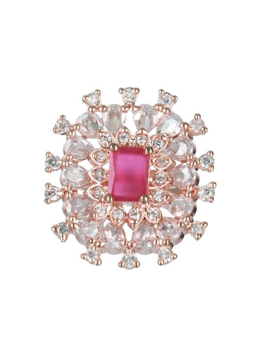 Women's Rose Gold Plated & Pink American Diamond Studded Statement Ring - Jazz And Sizzle - Indiakreations