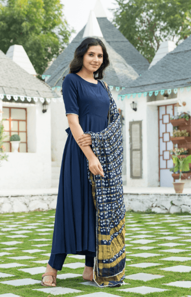 Women's Midnight Blue Kurta Set with Bandej Dupatta - Indiakreations