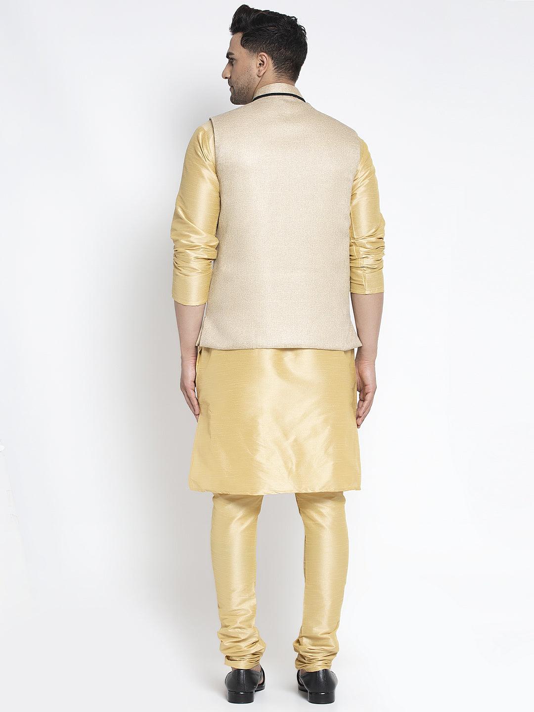 Men's Silk Blend Gold Kurta With Pyjama & Beige Nehru Jacket - Benstoke - Indiakreations