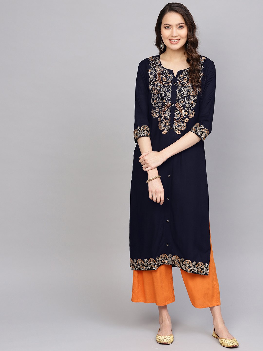 Women Navy Blue Straight Kurta by Anubhutee (Set of 1)