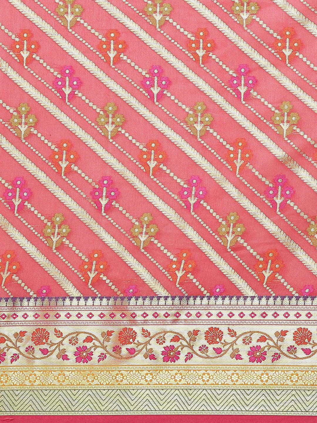 Women's Pink Silk Jaamdani Cutwork Saree - Varanasi - Indiakreations