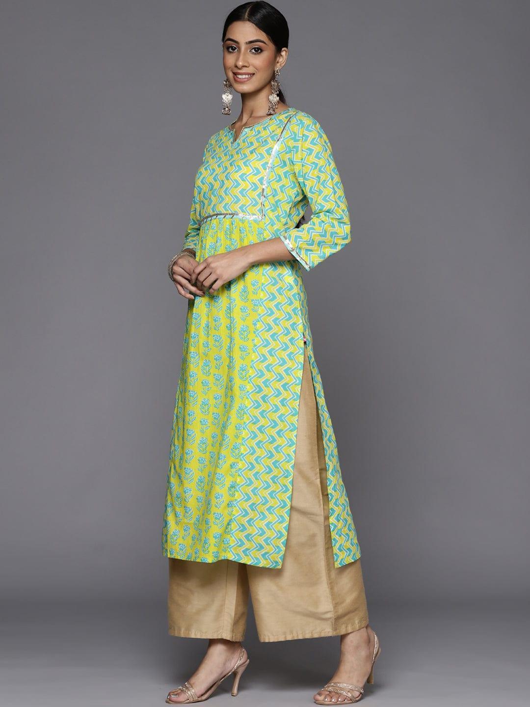 Varanga Women Green & Turquoise Blue Geometric Printed Cotton Gotta Patti Kurta - Indiakreations