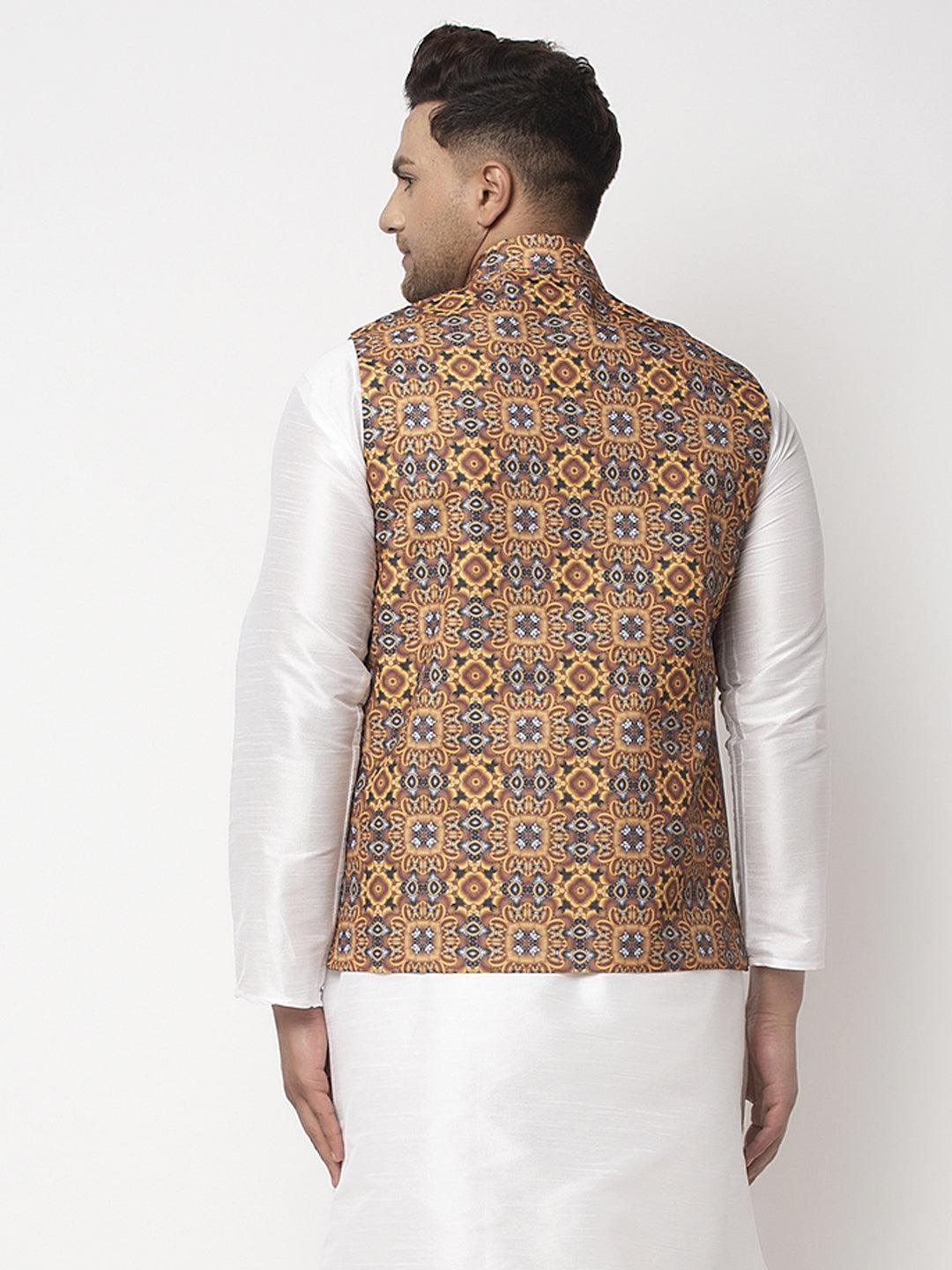 Men's Mustard & Charcoal Grey Printed Nehru Jacket - Benstoke - Indiakreations