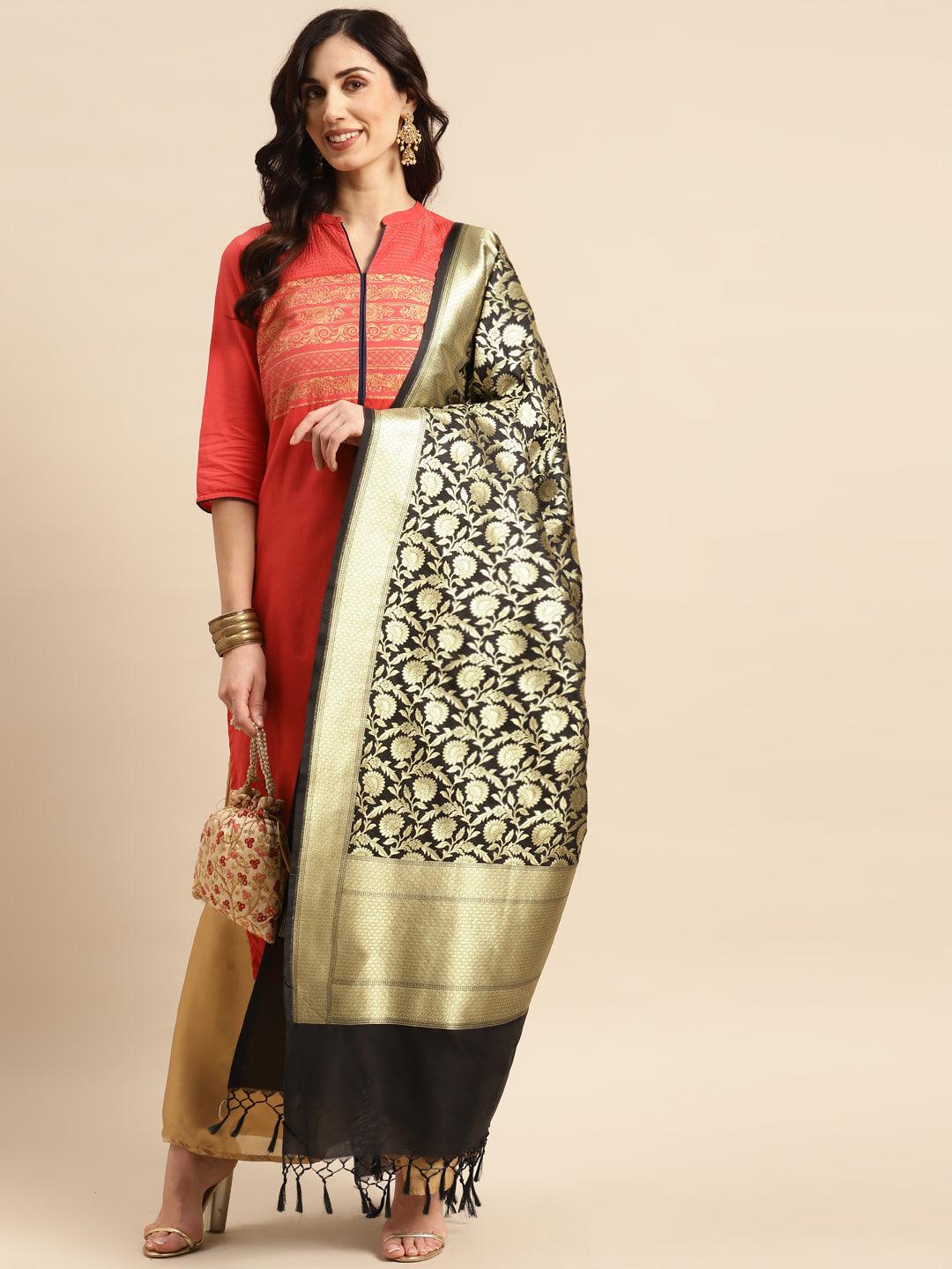 Women's Black Color Ethnic Motifs Woven Design Dupatta With Zari - Varanasi - Indiakreations