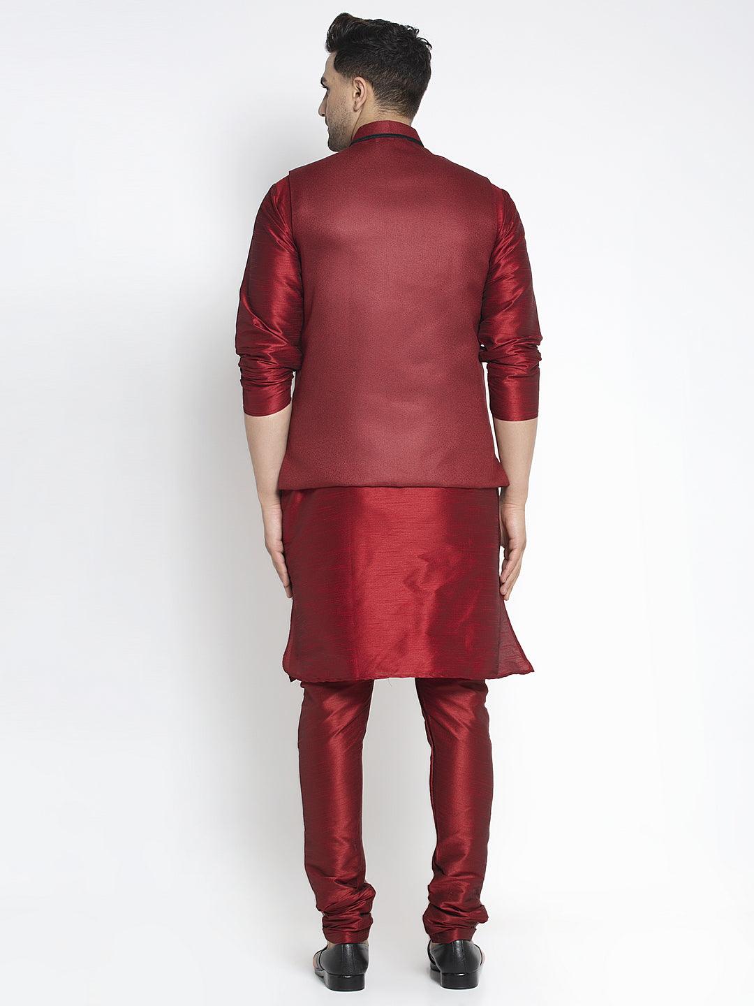 Men's Silk Blend Maroon Kurta With Pyjama & Maroon Nehru Jacket - Benstoke - Indiakreations