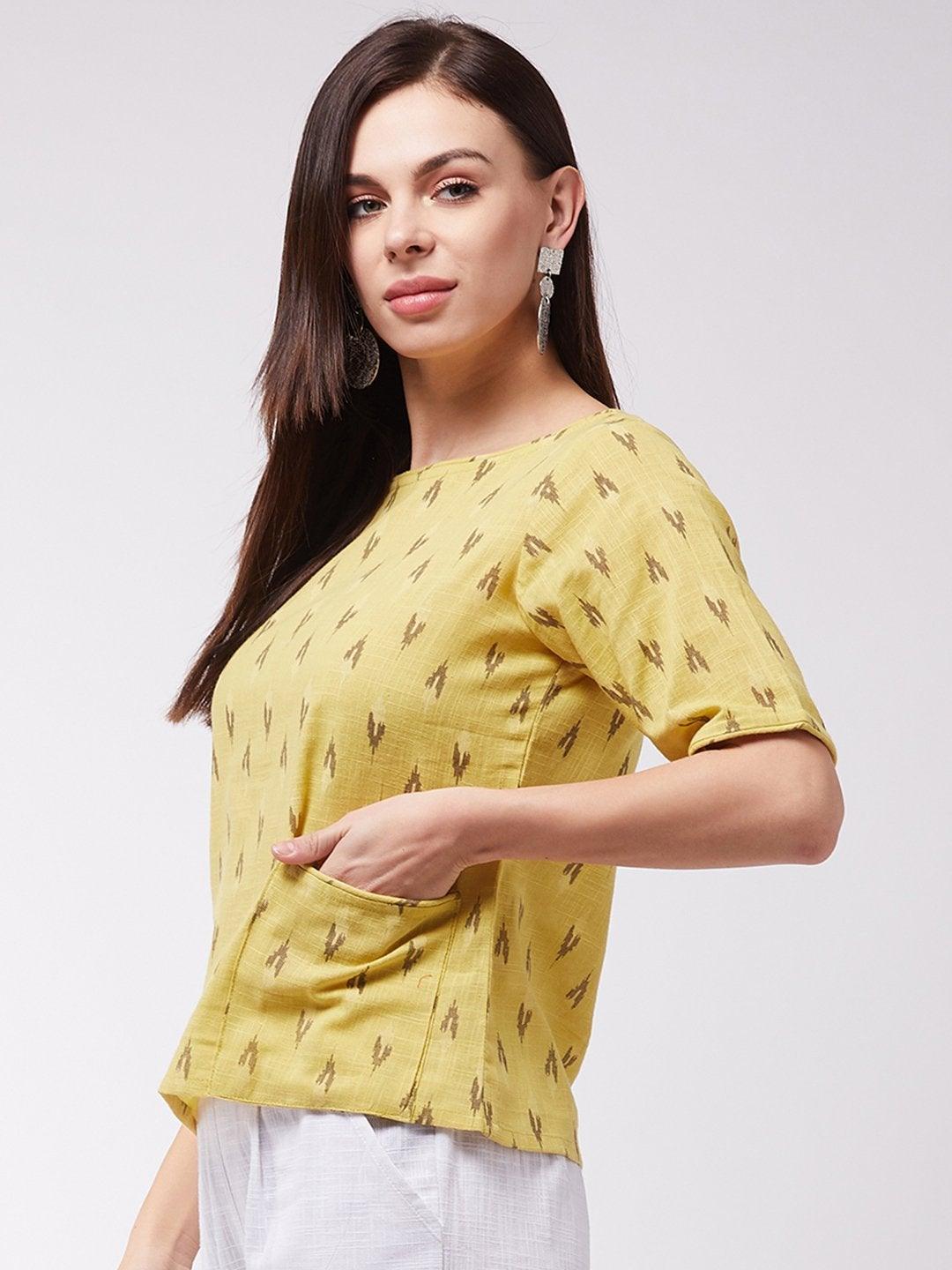 Women's Mustard Ikkat Top - InWeave - Indiakreations