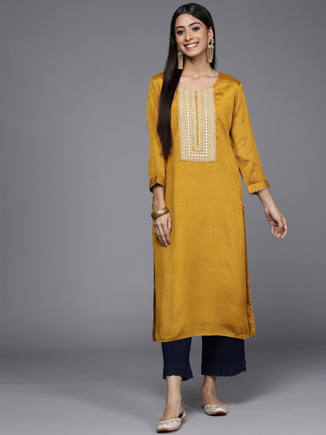 Varanga Women Mustard Yellow Ethnic Motifs Embroidered Gotta Patti Kurta - Indiakreations