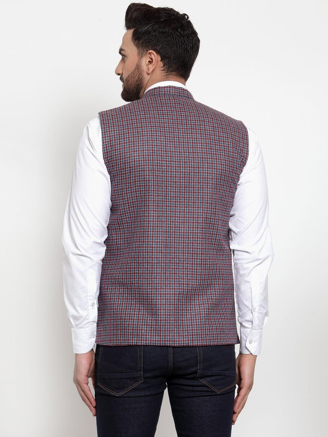 Men's Dhrohar Premium Wool Nehru Jacket - Red And Blue - Size - 38 - Neudis Men - Indiakreations