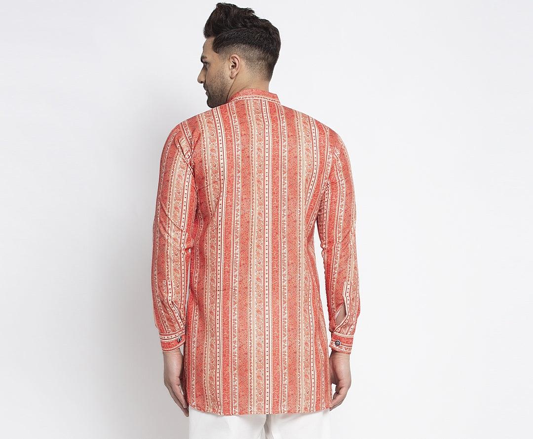 Men's Orange & Multi Asymmetric Printed Short Kurta - Benstoke - Indiakreations