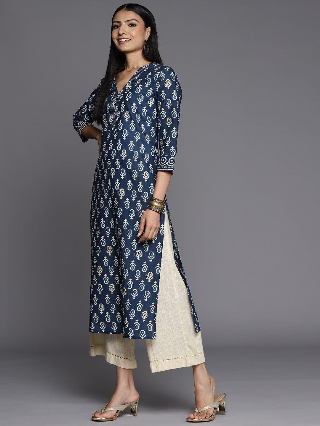 Varanga Women Navy Blue & Beige Ethnic Motifs Printed Kurta - Indiakreations