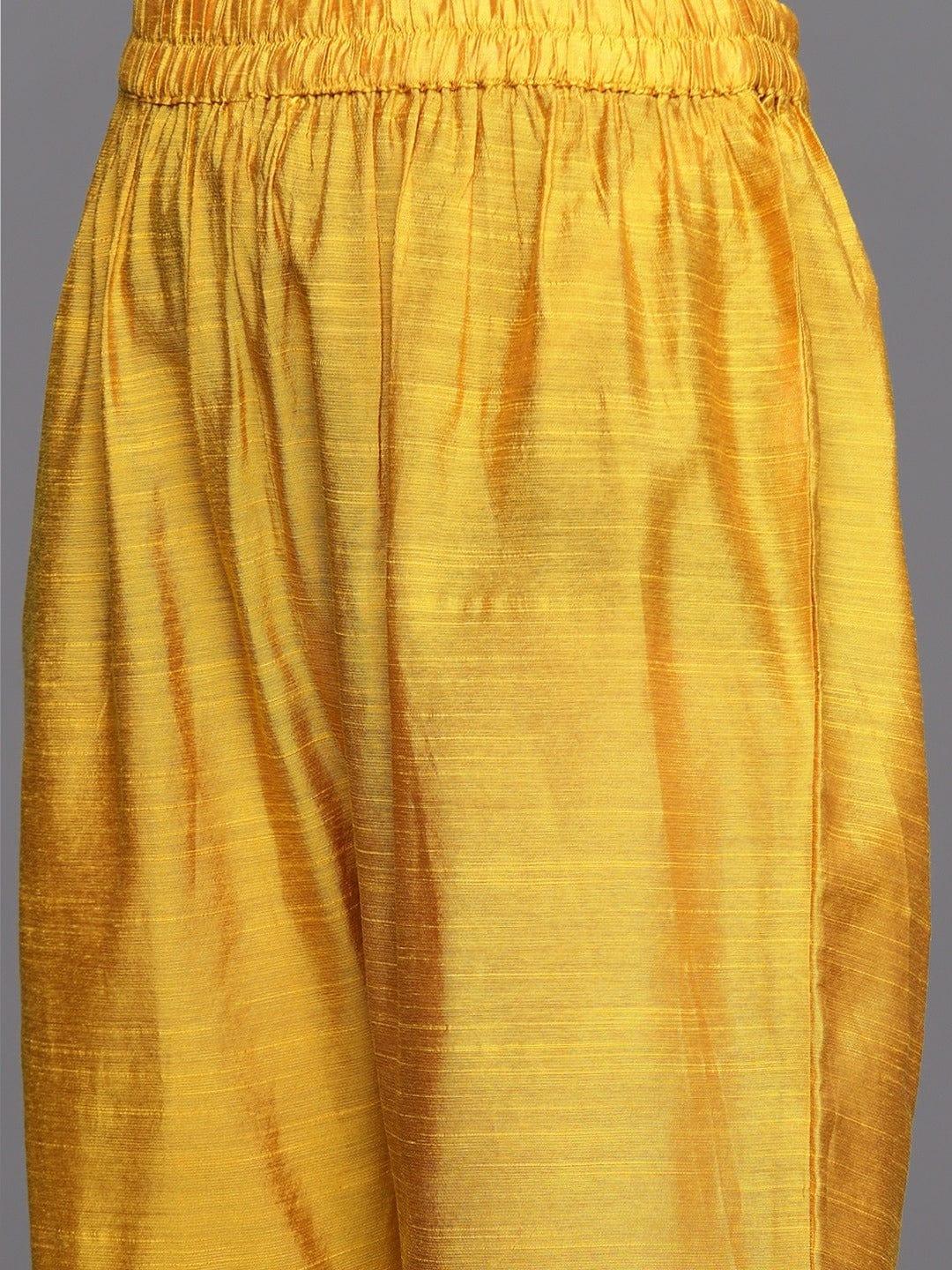 Varanga Women Mustard Yellow & Silver Mirror Yoke A-Line Kurta Trousers & Leheriya Dupatta - Indiakreations