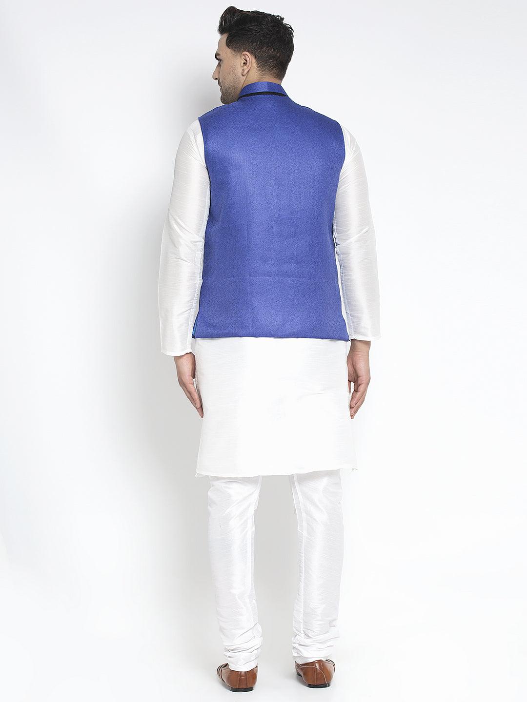 Men's Silk Blend White Kurta With Pyjama & Royal Blue Nehru Jacket - Benstoke - Indiakreations