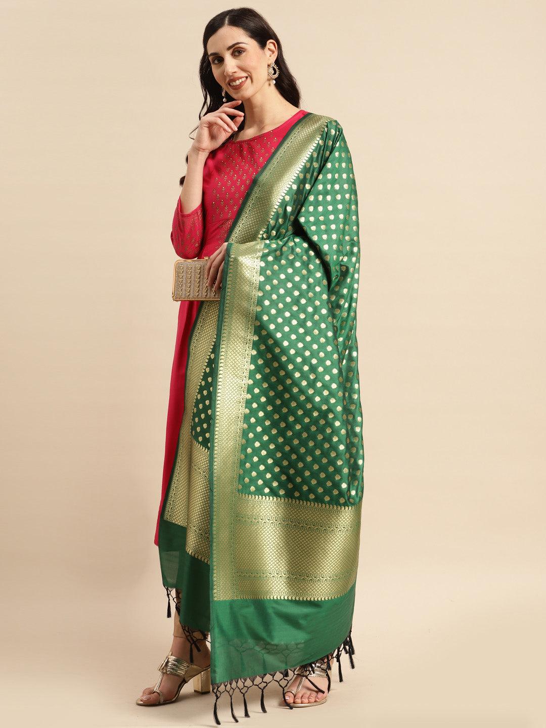 Women's Green Color Ethnic Motifs Woven Design Dupatta With Zari - Varanasi - Indiakreations