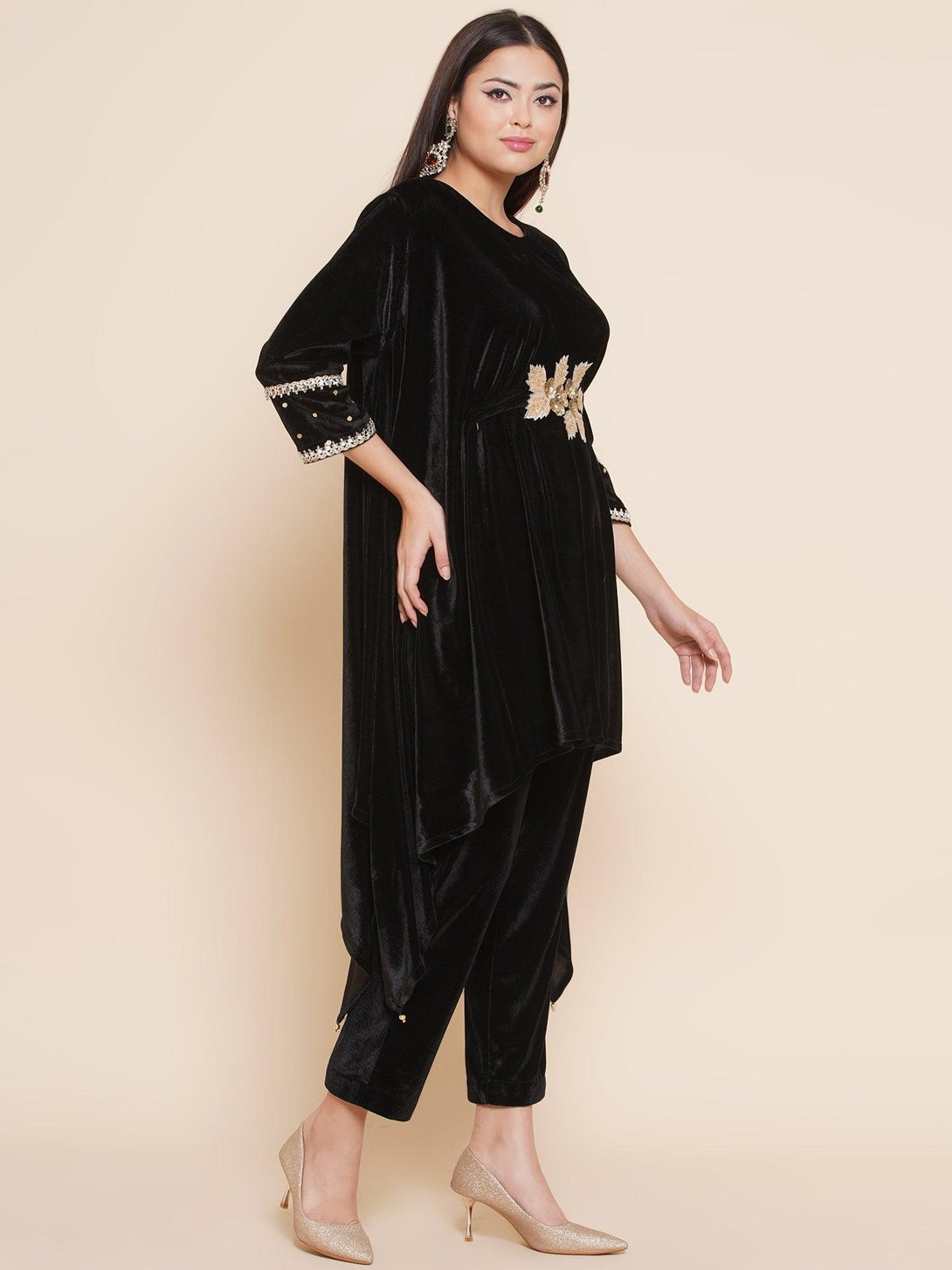 Women's Black Velvet Kaftaan Style Kurta With Pants - Women Republic - Indiakreations