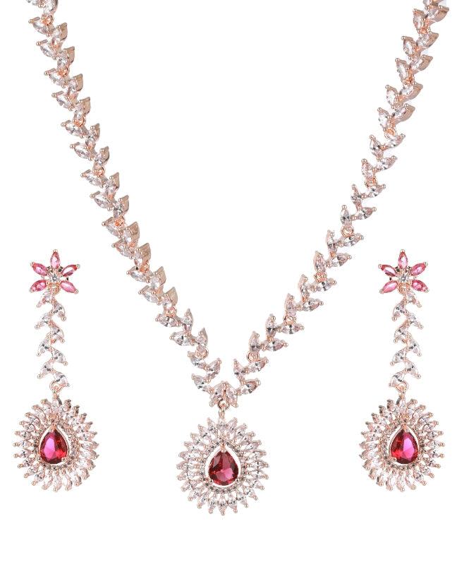 Women's Rose Gold-Plated Red American Diamond & Cz Studded Handcrafted Jewellery Set - Jazz And Sizzle - Indiakreations