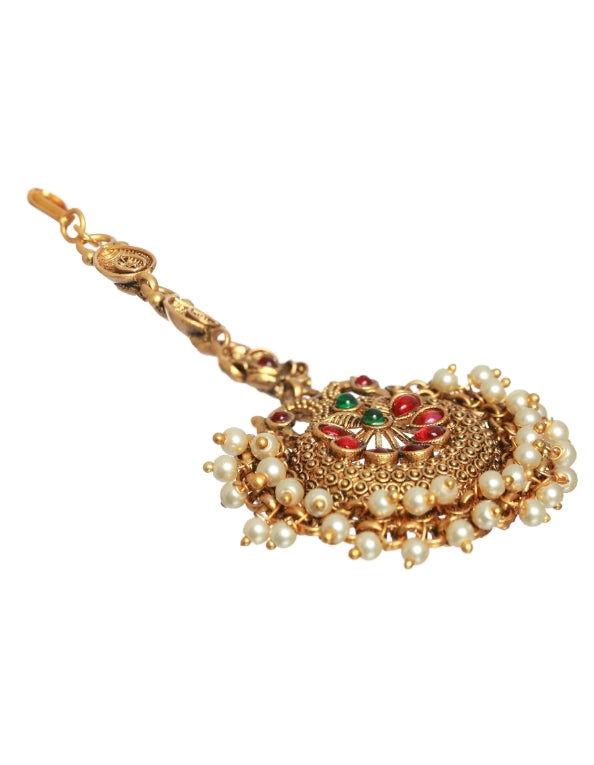 Women's Gold-Plated Green & Pink Stone-Studded & Beaded Temple Maang Tikka - Jazz And Sizzle - Indiakreations