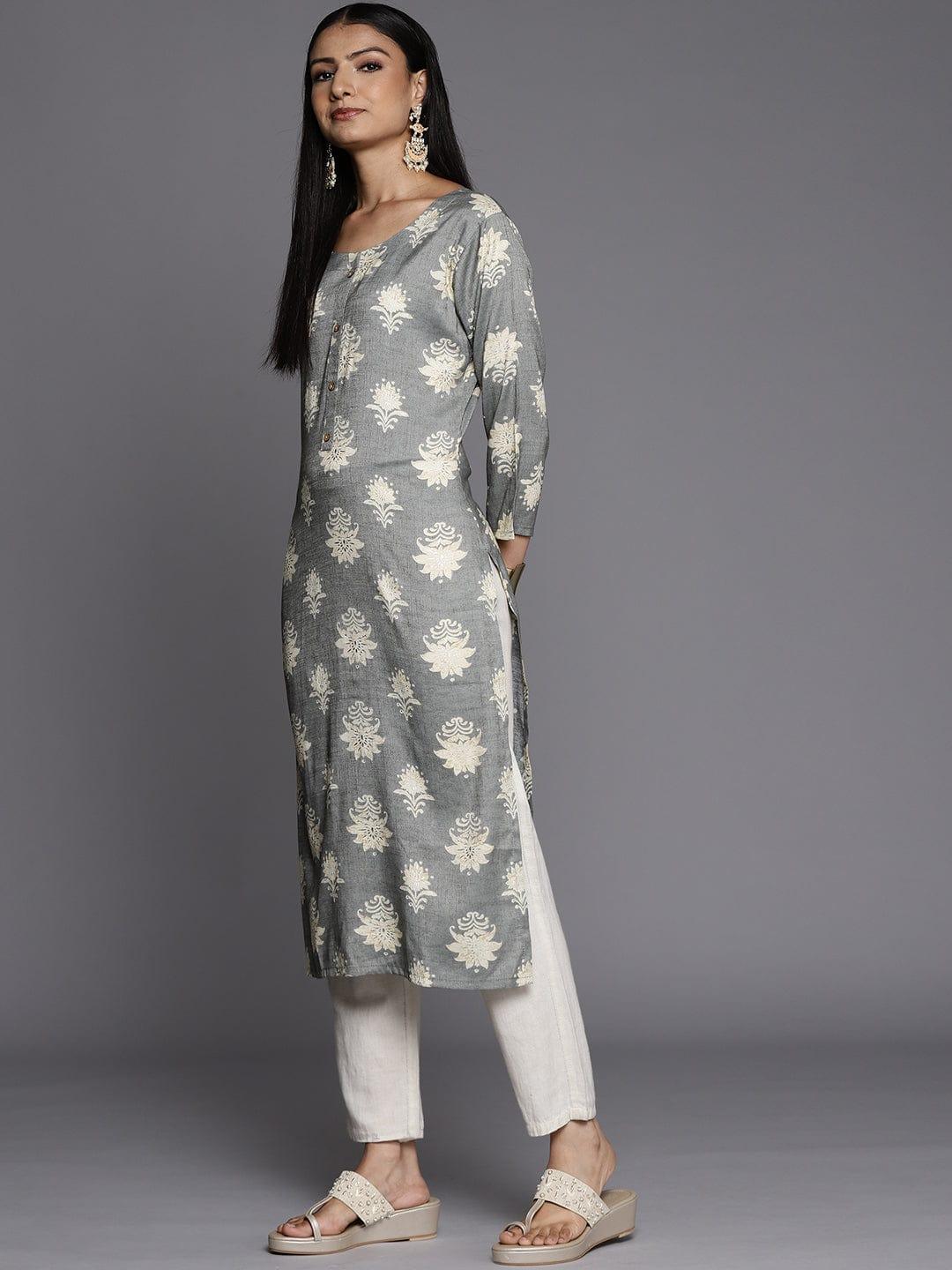 Varanga Women Grey & Cream-Coloured Ethnic Motifs Printed Kurta - Indiakreations