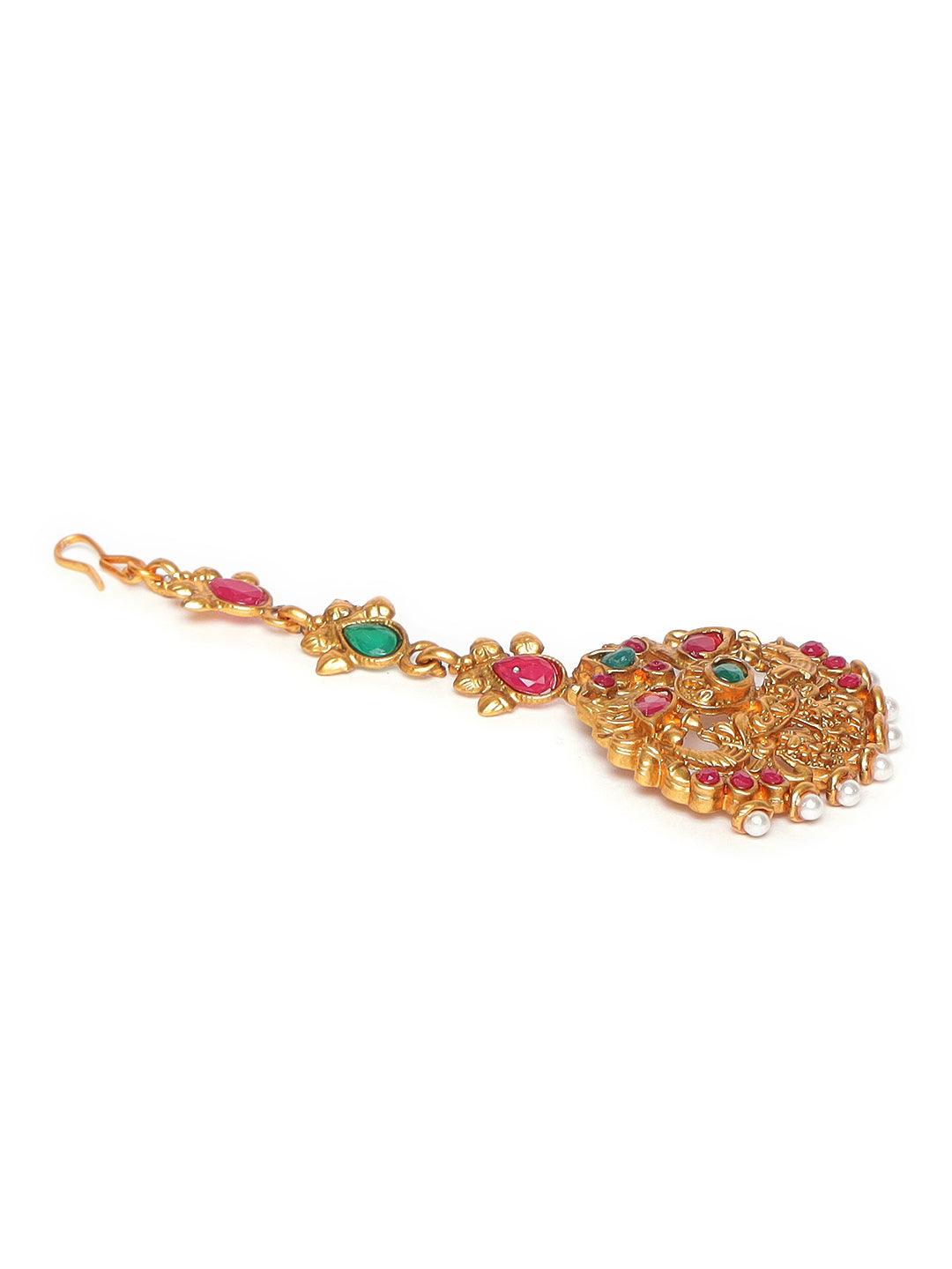 Women's Gold Plated Red & Green stone Studded Peacock Mangtikka - Jazz and Sizzle - Indiakreations