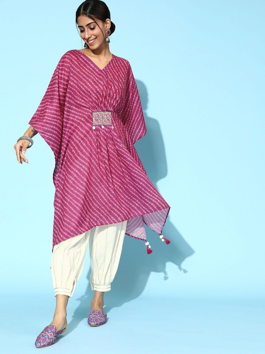 Pink Leheriya Printed Thread Embroidery And Shells Embellished Kaftan With Gota Work Balloon Trouser - Indiakreations