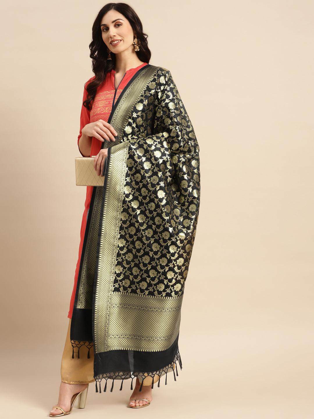 Women's Black Color Ethnic Motifs Woven Design Dupatta With Zari - Varanasi - Indiakreations