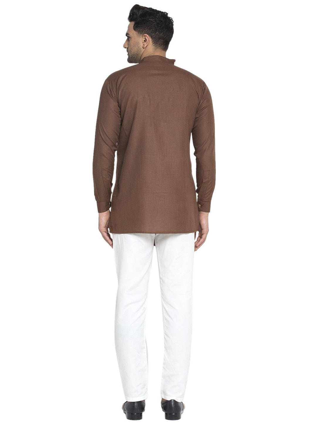 Men's Cotton Brown Asymmetric Solid Kurta With White Trousers - Benstoke - Indiakreations