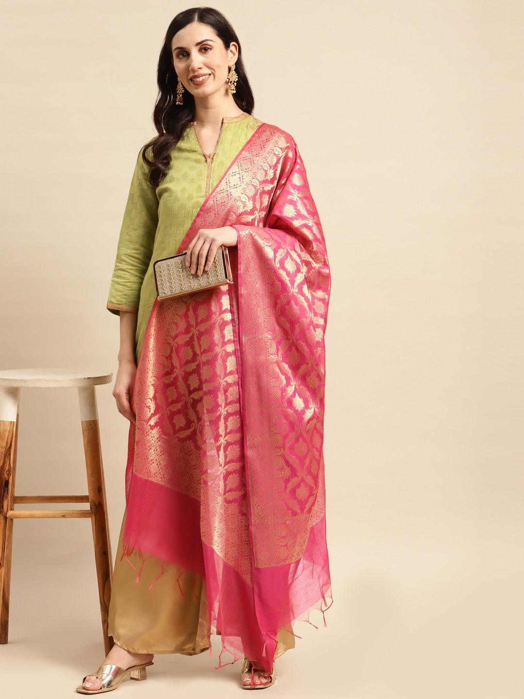 Women's Pink Color Ethnic Motifs Woven Design Dupatta With Zari - Varanasi - Indiakreations