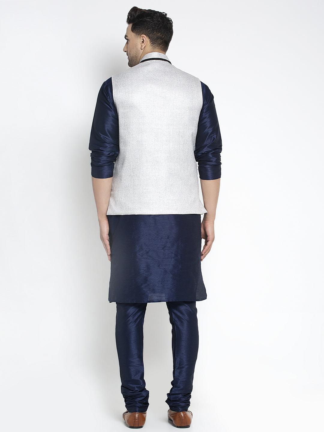 Men's Silk Blend Navy Blue Kurta With Pyjama & Grey Nehru Jacket - Benstoke - Indiakreations