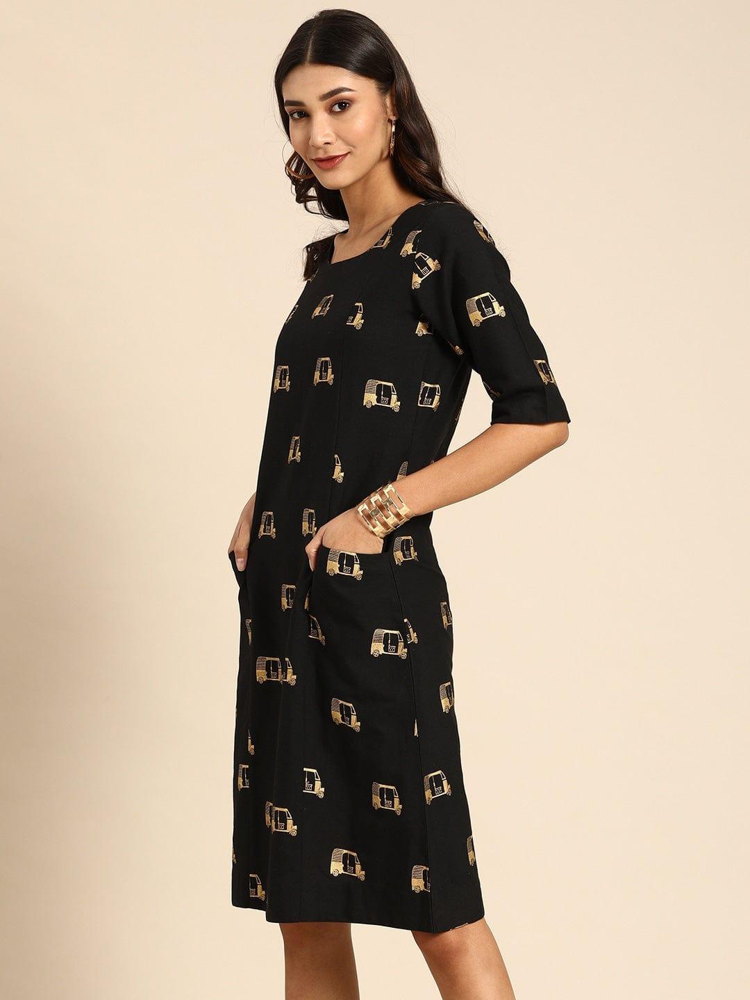 Black & Beige Printed A-Line Panelled Dress with Pockets - Indiakreations