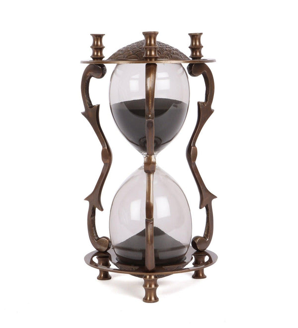 Antique Brass Black Sand Timer With Twigs Pillar - Exim Décor - Indiakreations