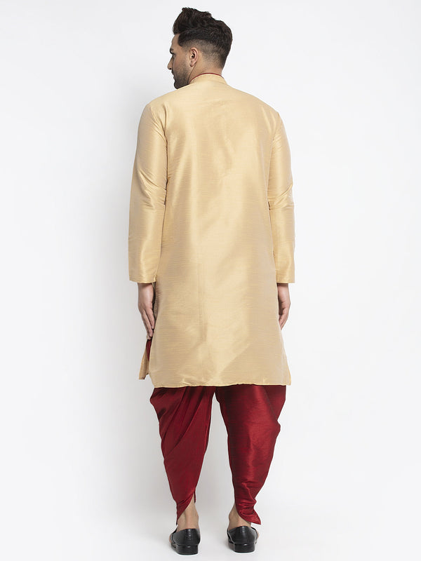 Men's Gold Solid Kurta With Maroon Dhoti Pant - Benstoke