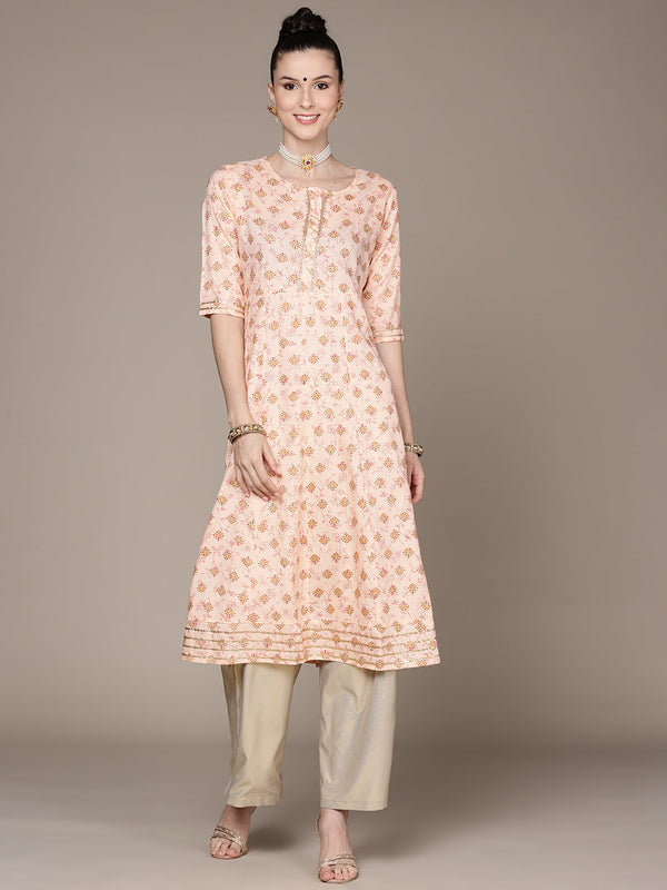 Women's Peach Printed Anarkali Kurta  - Anubhutee