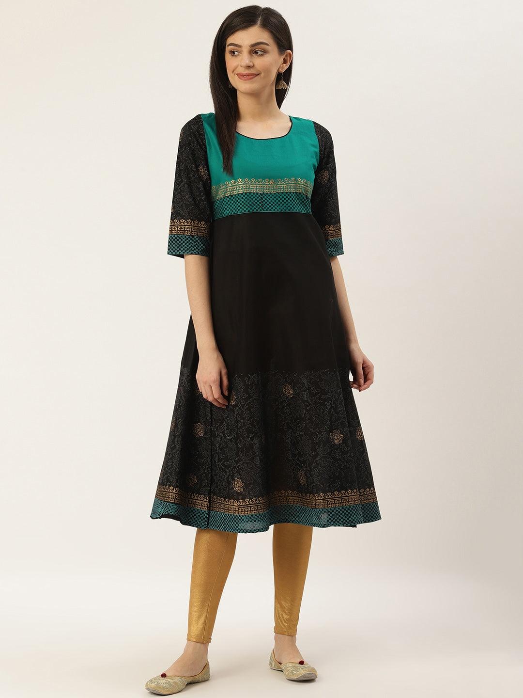 Women's Black & Green Block Print A-Line Kurta - Wahe-Noor - Indiakreations