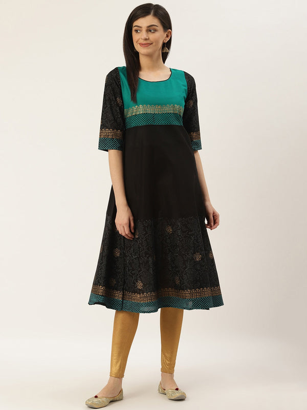 Women's Black & Green Block Print A-Line Kurta - Wahe-Noor