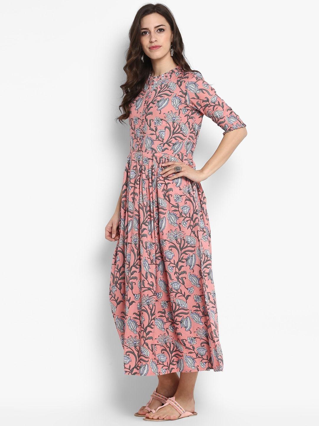 Women's Peach-Coloured Printed Maxi Dress - Meeranshi - Indiakreations